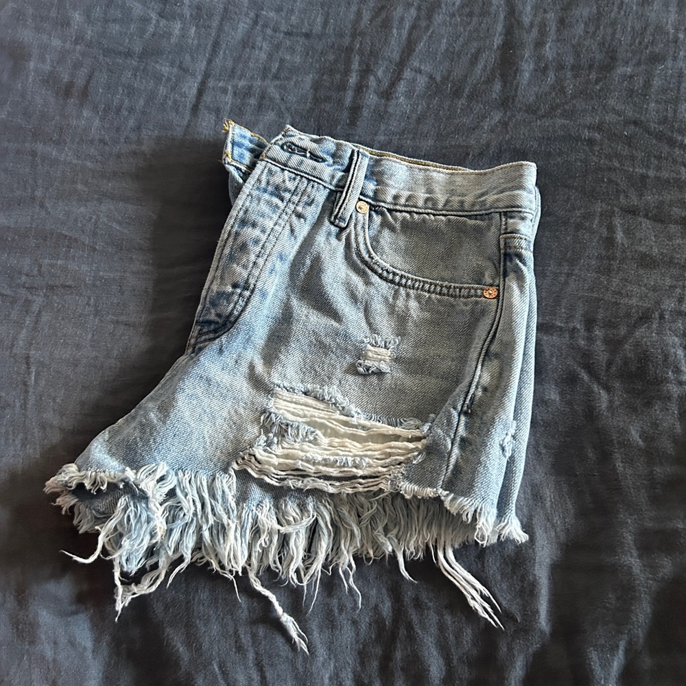 Free People Blue Distressed Jean Shorts